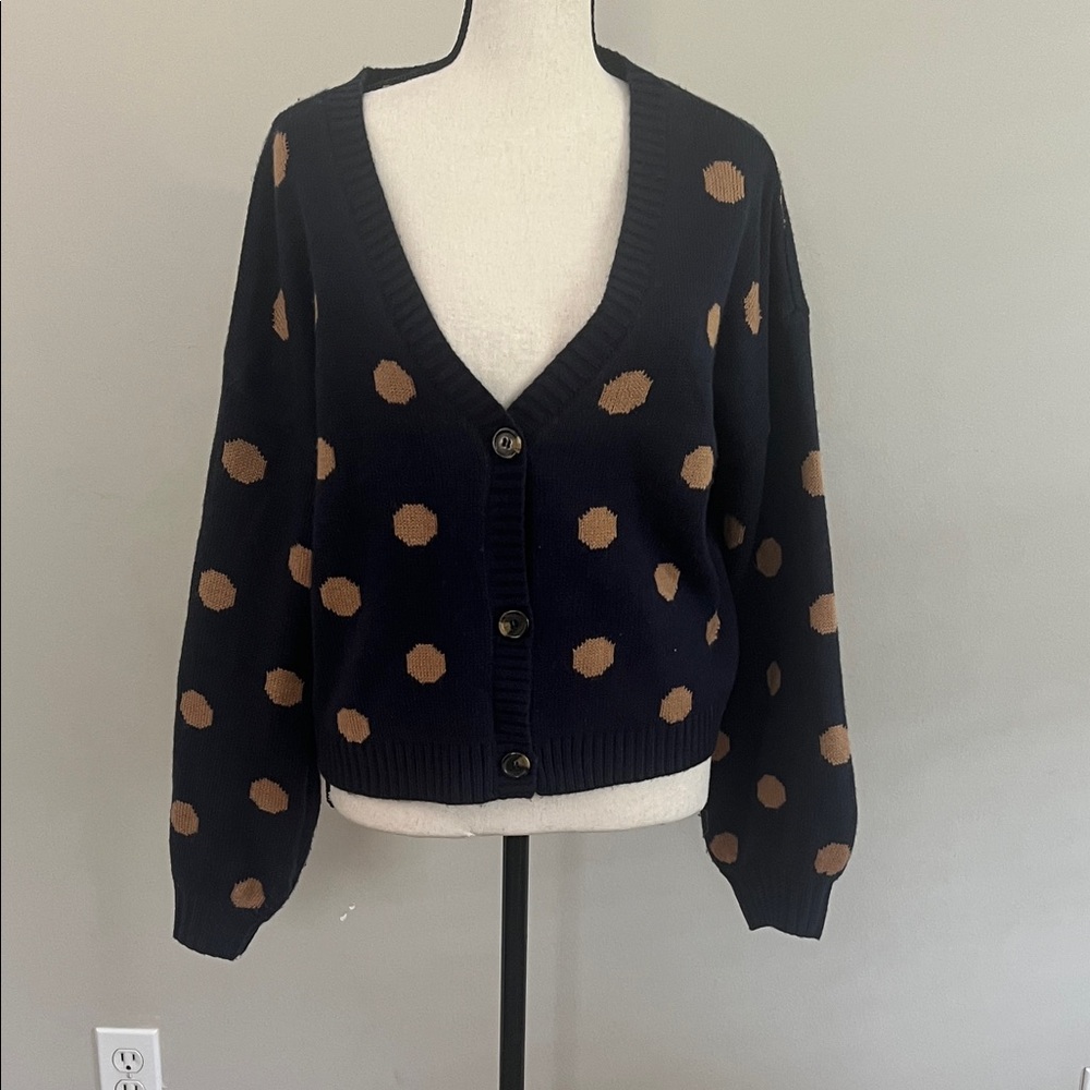 Blu Pepper Black V-Neck Polka Dot Cardigan with Brown Dots